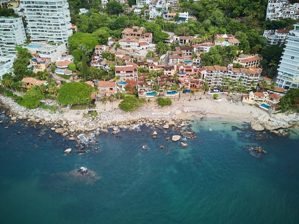 Aerial view of Villa Amapas Estate, beach, and surrounding areas in Puerto Vallarta