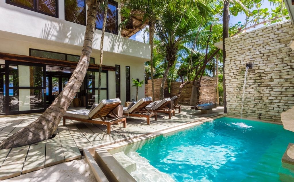 Casa Chukum curved palm over the pool's row of loungers — Tulum, Mexico