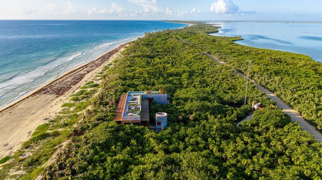 Casa Bautista aerial view of the villa along the jungle coastline — Tulum, Mexico