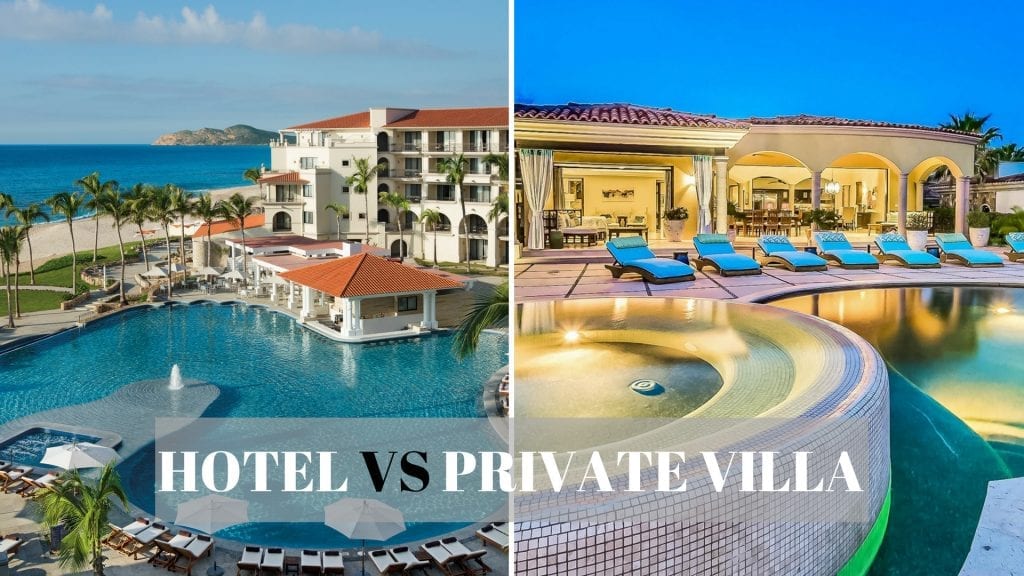 Comparison image showing a bustling hotel resort on the left and a serene, private vacation villa on the right, highlighting the contrast in accommodation choices for travelers.