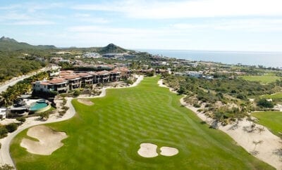 Aerial view of Puerto Los Cabos' 27-hole destination golf resort, highlighting the 18-hole Jack Nicklaus Signature Marina Course and the 9-hole Greg Norman Signature Mission Course.