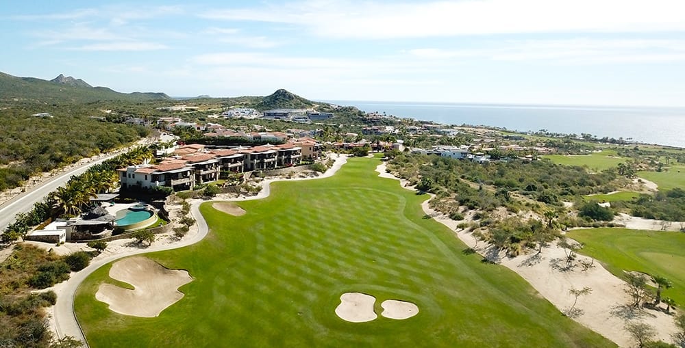 Aerial view of Puerto Los Cabos' 27-hole destination golf resort, highlighting the 18-hole Jack Nicklaus Signature Marina Course and the 9-hole Greg Norman Signature Mission Course.