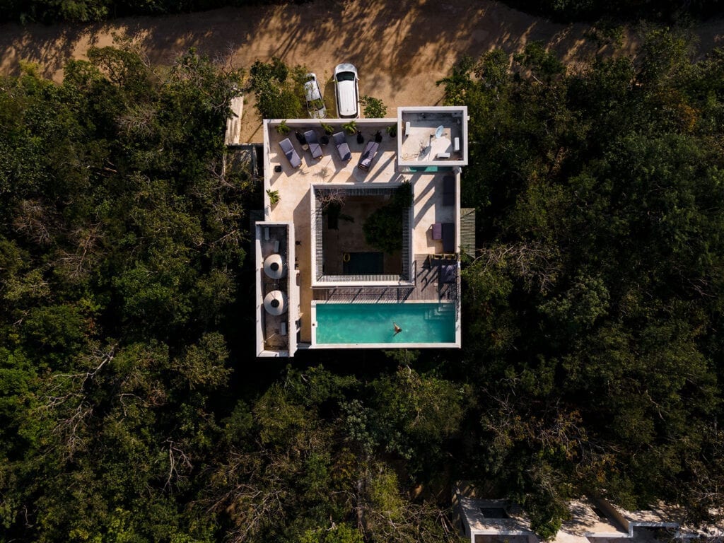 Villa Yum Kaax overhead aerial view of the rooftop pool and courtyard — Tulum, Mexico