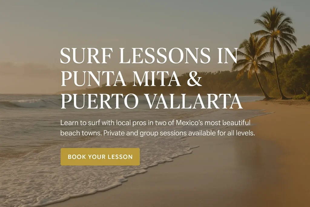 Playa al atardecer con palmeras, promocionando Santuario Yelapa Mexico Wellness & Yoga Retreat. Botón amarillo "Reserva tu clase".