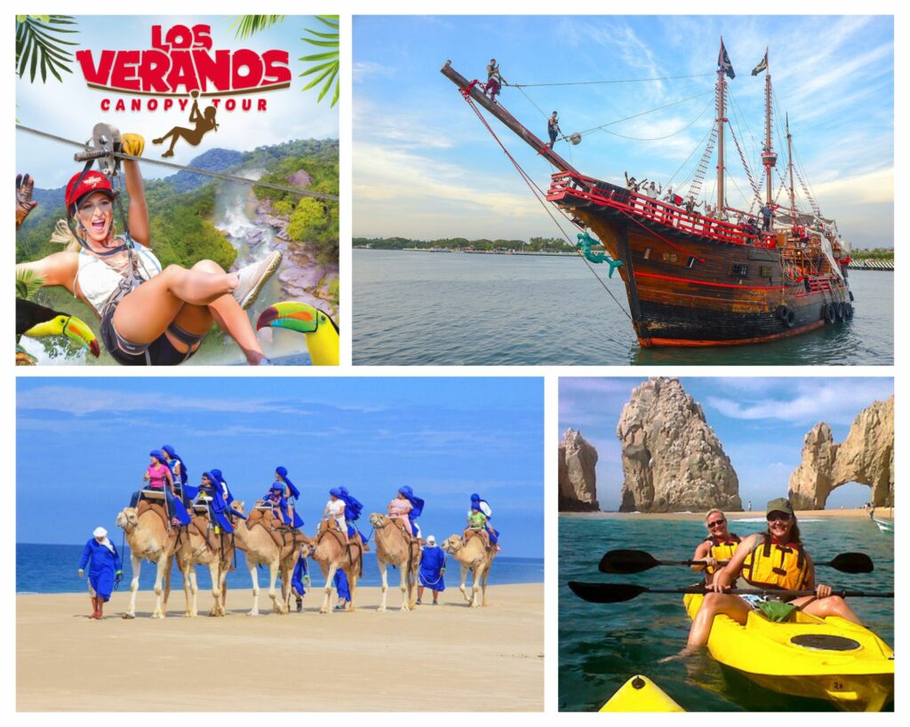 A collage featuring two images of typical activities in Puerto Vallarta on top and two images of typical activities in Cabo at the bottom.
