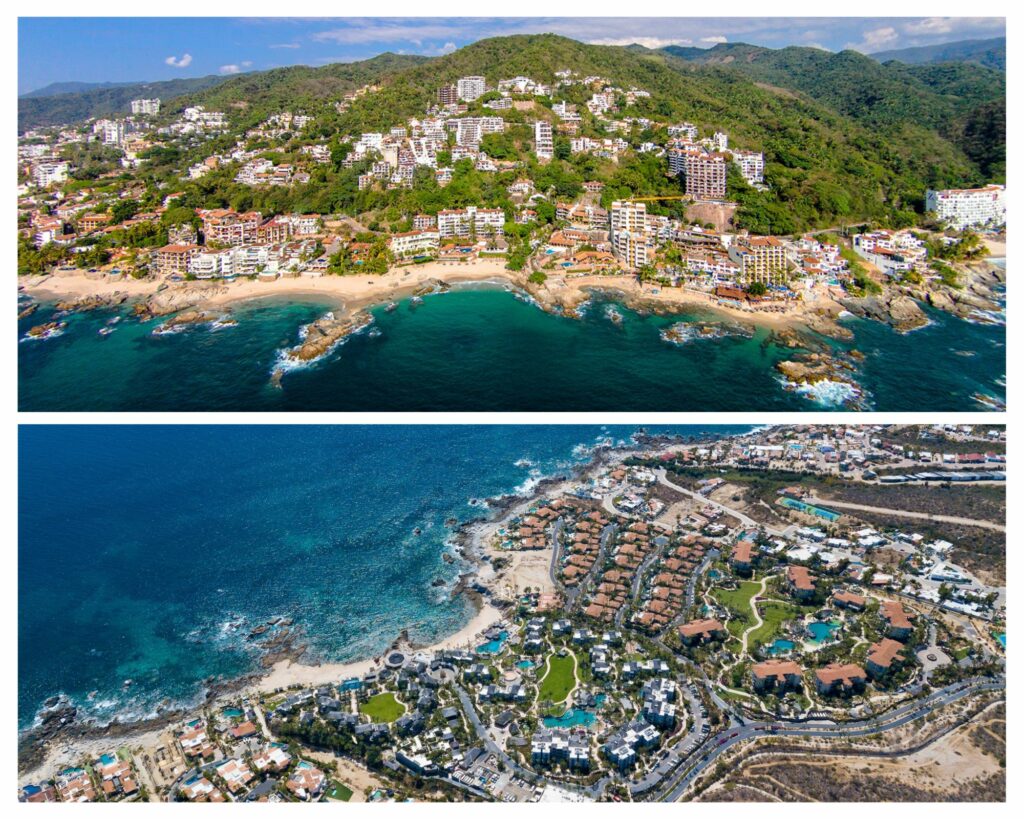 A collage of panoramic landscapes featuring Puerto Vallarta on the top and Cabo on the bottom.