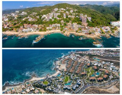 A collage of panoramic landscapes featuring Puerto Vallarta on the top and Cabo on the bottom.