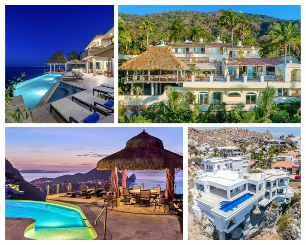 A collage of four pictures showcasing two luxurious villa rentals in Puerto Vallarta on top, and two in Cabo at the bottom.