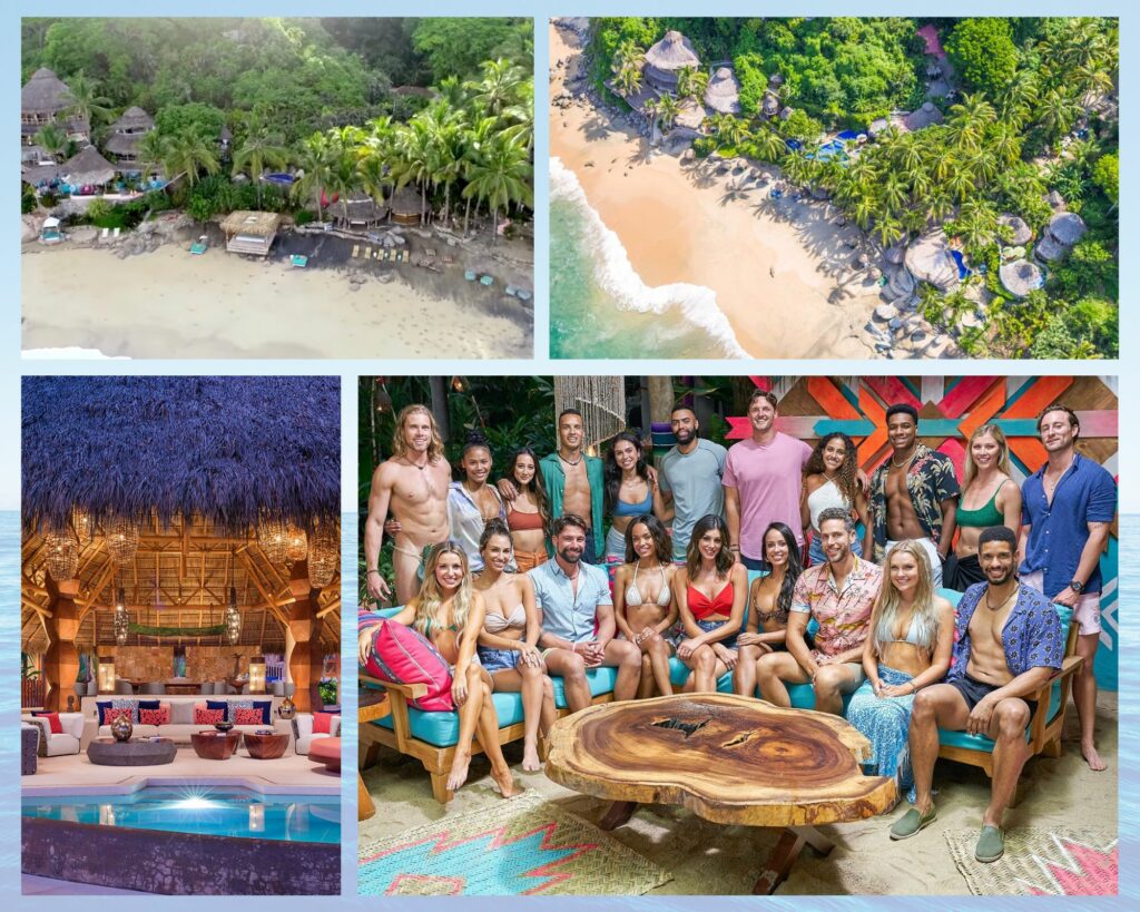 Collage showcasing Bachelor's in Paradise filming, Casa Tau in Punta Mita, group of bachelors, and an aerial view of the villa and location.
