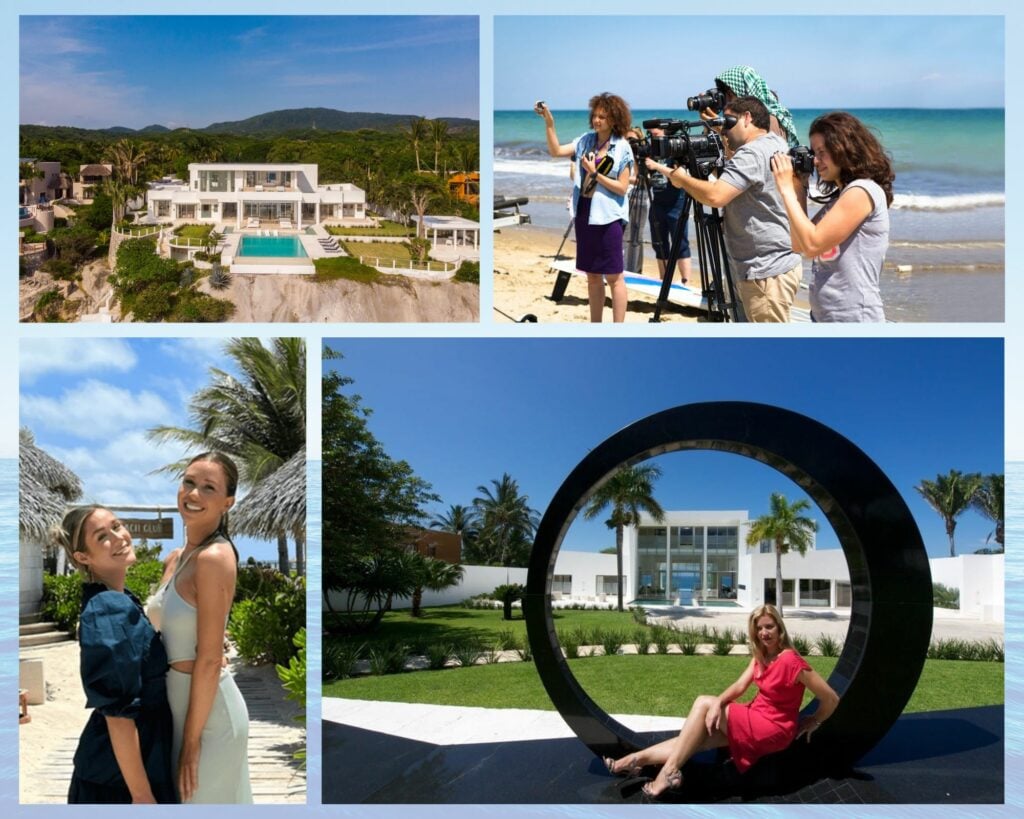 Collage of Limitless movie villa, Bachelorette Riviera Maya, and a beach photoshoot in Los Cabos, representing Villa Experience's varied film and photo shoot locations.