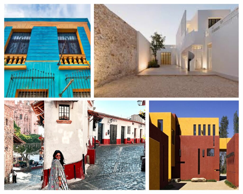 A collage featuring traditional Mexican architecture from various regions.