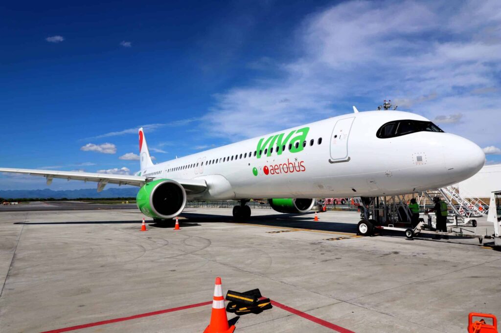 Viva Aerobus airplane, the first airline to service Tulum International Airport