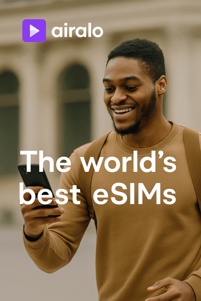 Smiling man with backpack uses phone; and "airalo eSIMs for Mexico" text.