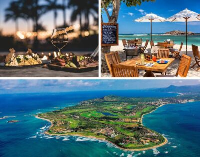 A picturesque collage featuring a beachside restaurant in Punta Mita, an aerial view of the stunning Punta Mita peninsula, and a romantically set dinner table under the stars.