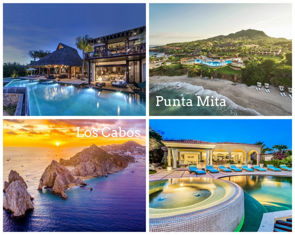 Collage of luxurious locations in Punta Mita and Cabo, showcasing the unique attractions of each destination.