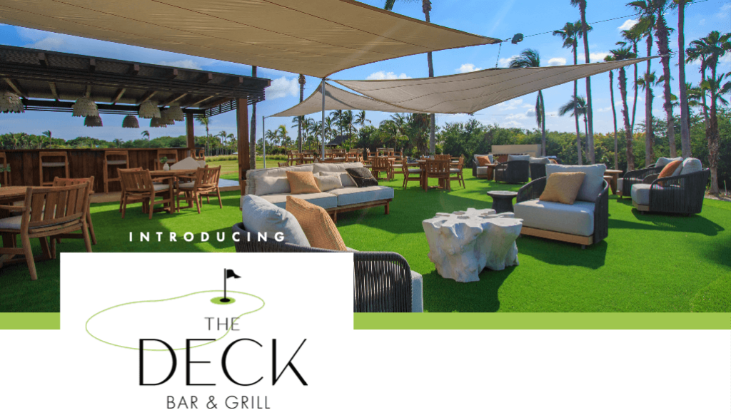 Outdoor seating area of 'The Deck Bar & Grill' showcasing wooden furniture, comfortable couches, vibrant green grass, and towering palm trees against a blue sky.