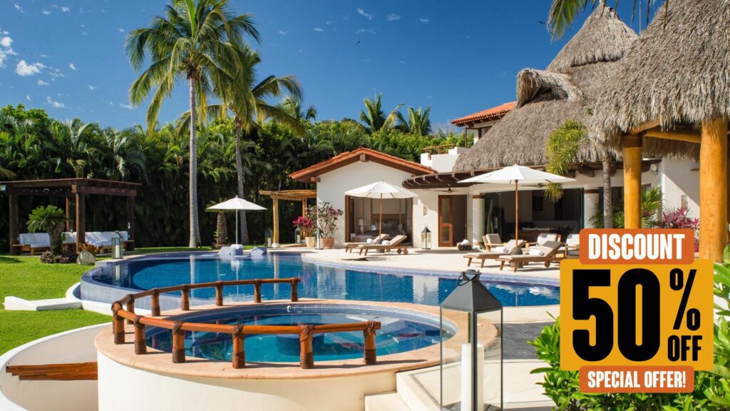 A breathtaking view of Casa Del Faro featuring a pool, lounge chairs, lush gardens, and a banner advertising "50% off.