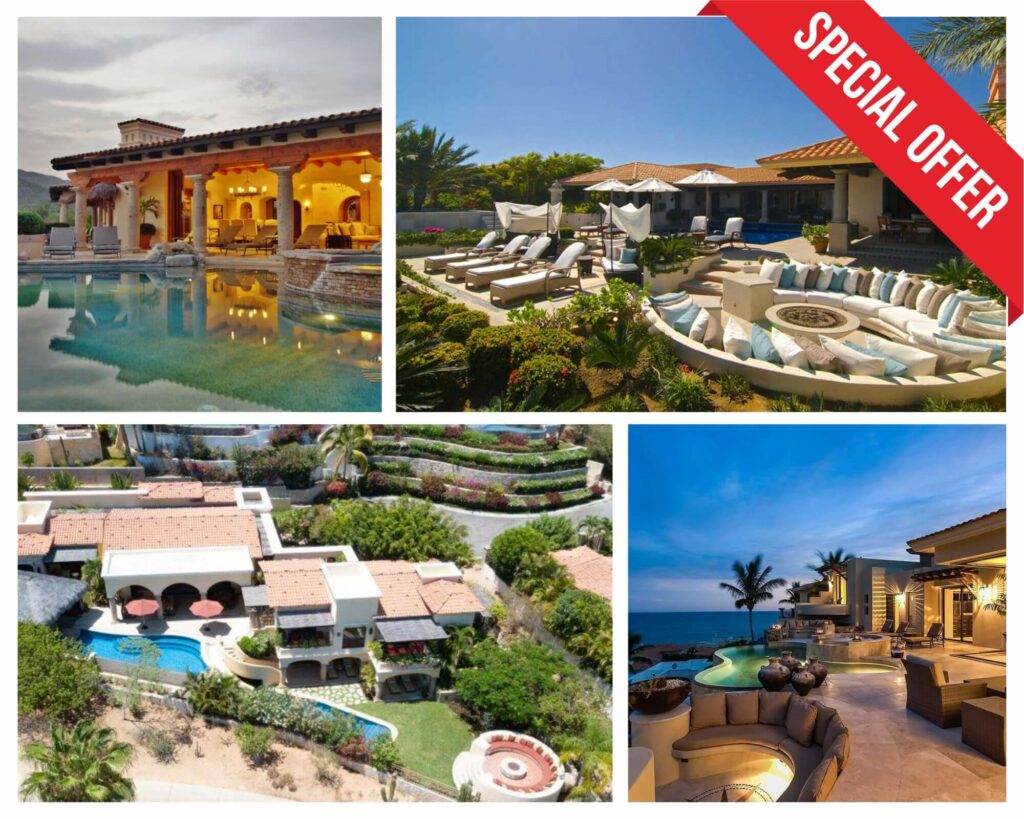 Collage of four luxury villa rentals in Los Cabos offering special summer discounts