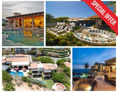 Collage of four luxury villa rentals in Los Cabos offering special summer discounts