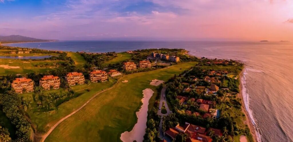 Aerial view of Las Marietas Condos in Punta Mita highlighting proximity to golf course and beach