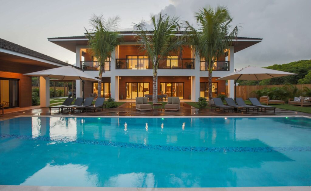 Front view of the Bali Villa in Harbour Island, Bahamas, highlighting its Balinese design and pool.