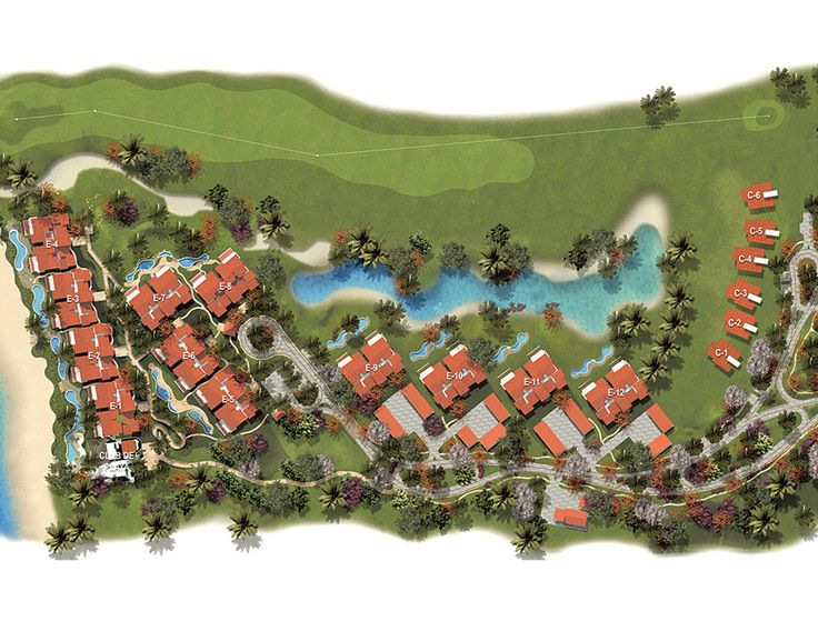 Map of Hacienda de Mita showcasing all buildings with respective numbers, detailed garden layouts, pool areas, and the beachfront.