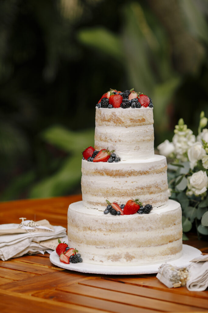 Elegant wedding cake displayed at a luxurious Punta Mita villa.