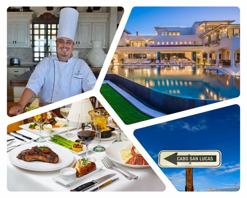Collage featuring a Cabo villa chef, luxury rental at Pedregal Los Cabos, road sign, and a signature dish.