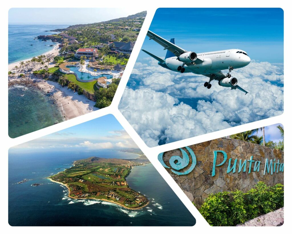 Collage featuring Punta Mita peninsula, Four Seasons Resort, flying airplane, and Punta Mita entrance logo.