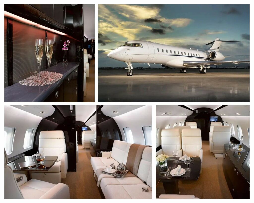 Collage of various angles and interior shots of the Global Express XRS private jet.