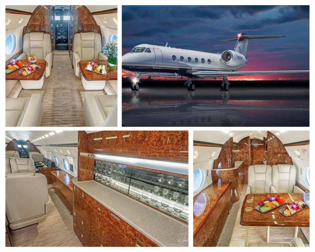 Collage of different perspectives and inside views of the Gulfstream G-IVSP private jet.