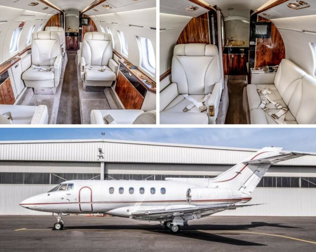 Collage highlighting various facets and internal shots of the Hawker 800 private jet.