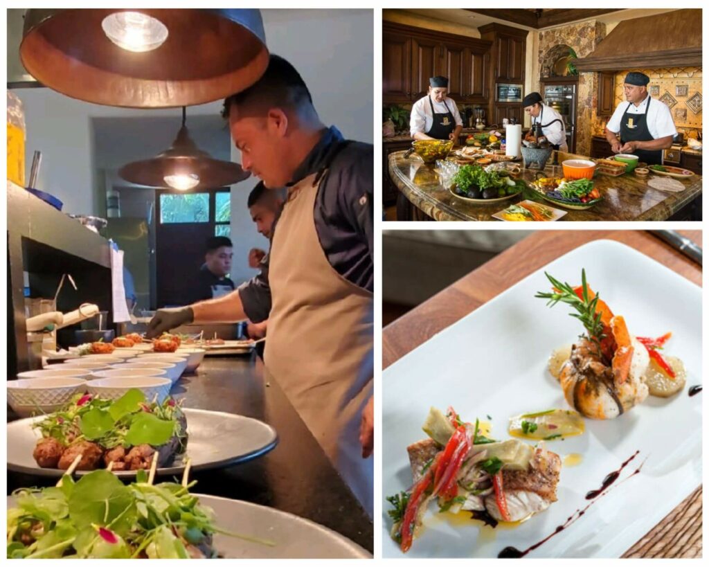Collage of personal chef service at Los Cabos luxury villa – villa view and chef's gourmet dishes.