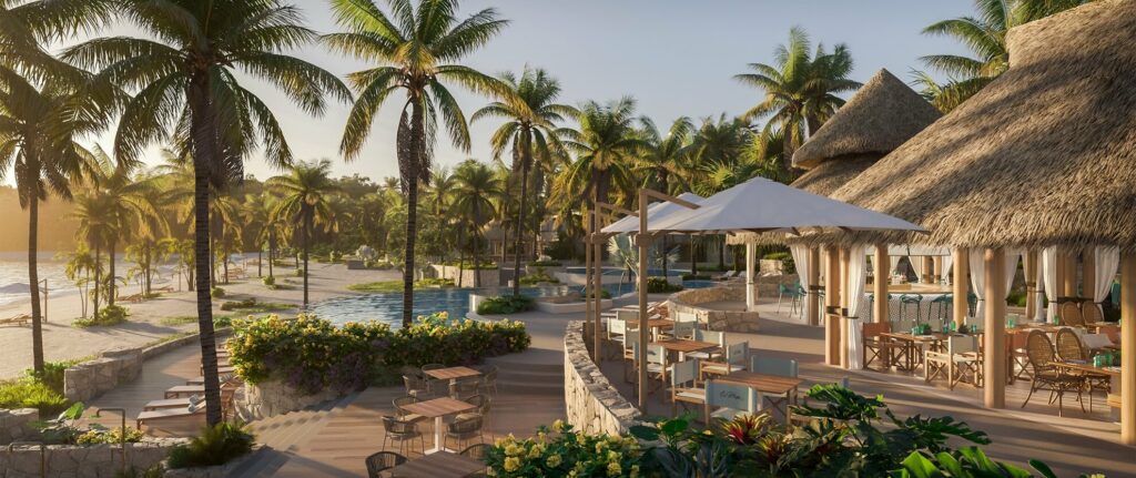 Alfresco dining setting at Omni Pontoque Resort, Punta de Mita, with luxurious seating amidst serene nature.