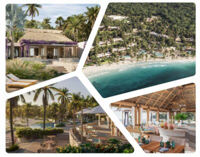 Collage featuring Omni Pontoque Resort's villas, dining spaces, pool, and beachfront in Punta de Mita, Mexico.