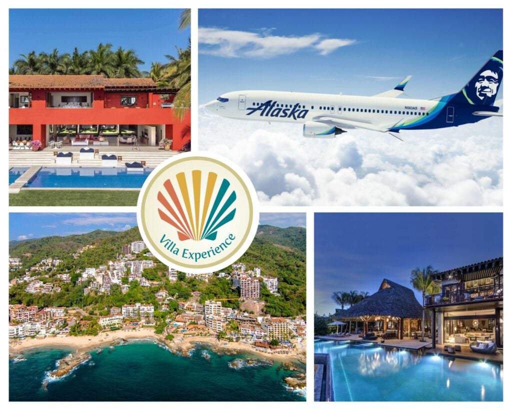 A collage showing Alaska Airlines' non stop flight from Las Vegas to Puerto Vallarta, alongside stunning views of Vallarta's coastline and luxurious villas in Vallarta and Punta Mita.