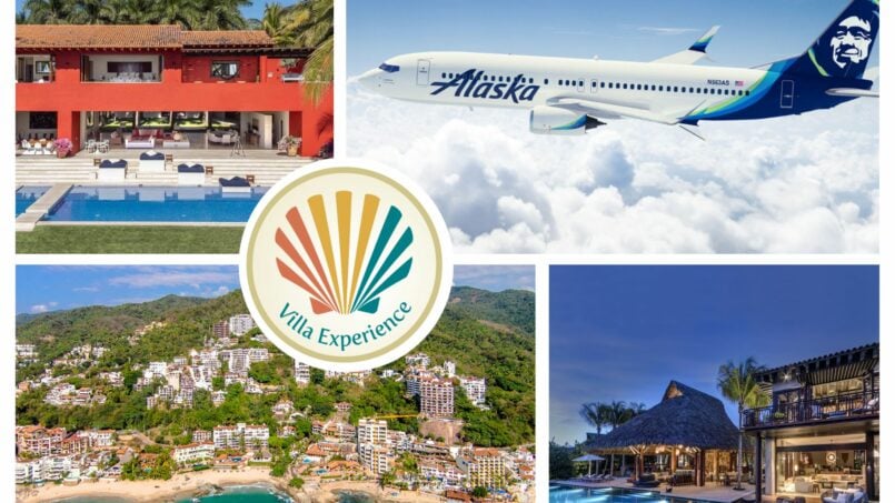 A collage showing Alaska Airlines' non stop flight from Las Vegas to Puerto Vallarta, alongside stunning views of Vallarta's coastline and luxurious villas in Vallarta and Punta Mita.