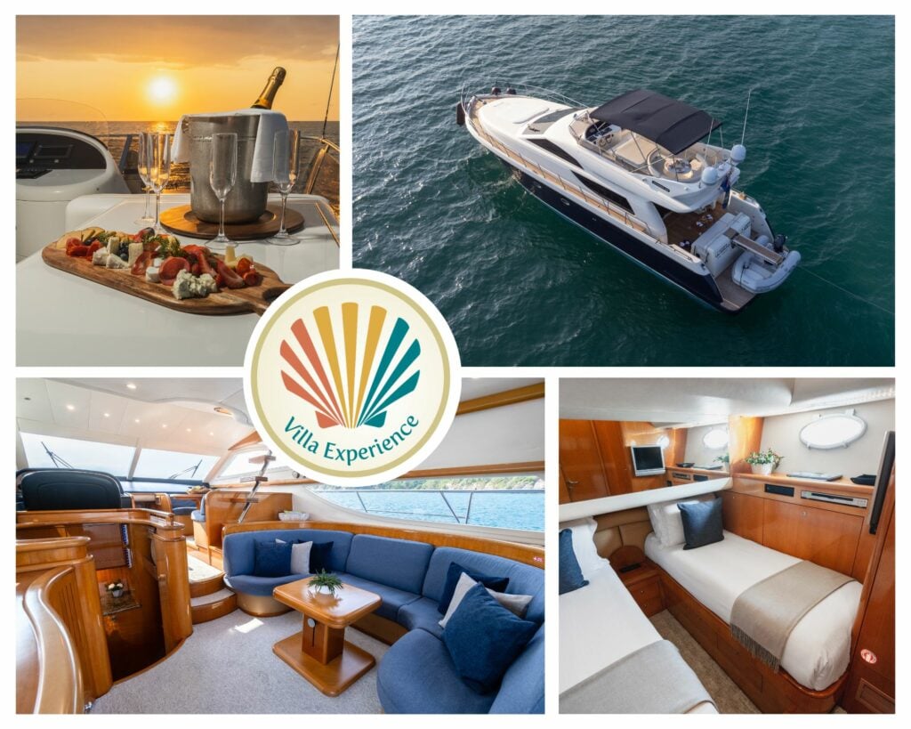 Collage featuring Ulisses Atlantico yacht in Punta Mita - showcasing luxurious amenities, beautiful sea views, and exclusive onboard experiences.