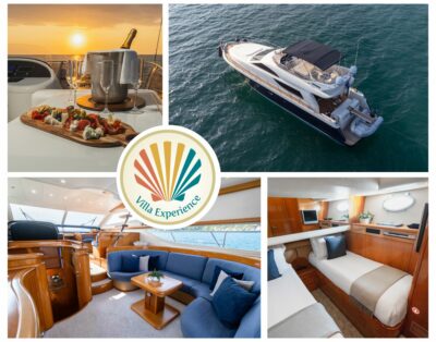 Collage featuring Ulisses Atlantico yacht in Punta Mita - showcasing luxurious amenities, beautiful sea views, and exclusive onboard experiences.
