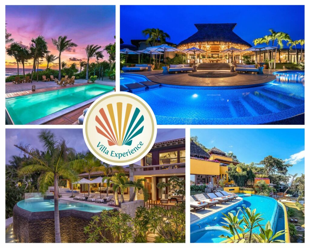 A collage of Villa Experience's luxury villas with stunning pools and tropical settings in Riviera Maya, Vallarta, and Punta Mita.