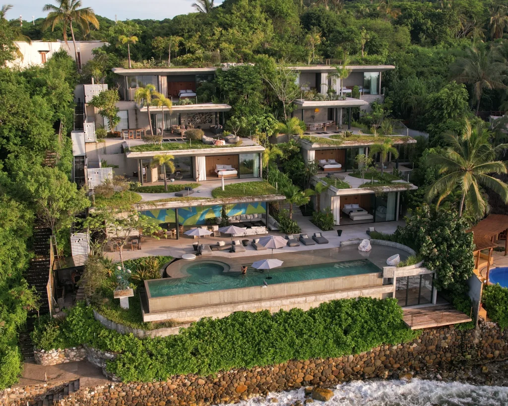 Casa Valhalla aerial view of planted villas above the shoreline — Punta Mita Nayarit, Mexico