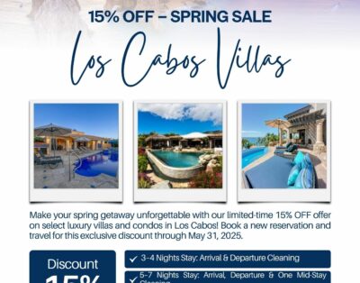 Imagen promocional: 15% de descuento en alquileres de villas de lujo en Lagos del Mar, Punta Mita, México. Oferta válida hasta el 31 de mayo de 2025.