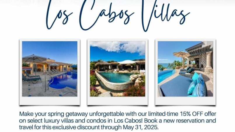 Imagen promocional: 15% de descuento en alquileres de villas de lujo en Lagos del Mar, Punta Mita, México. Oferta válida hasta el 31 de mayo de 2025.