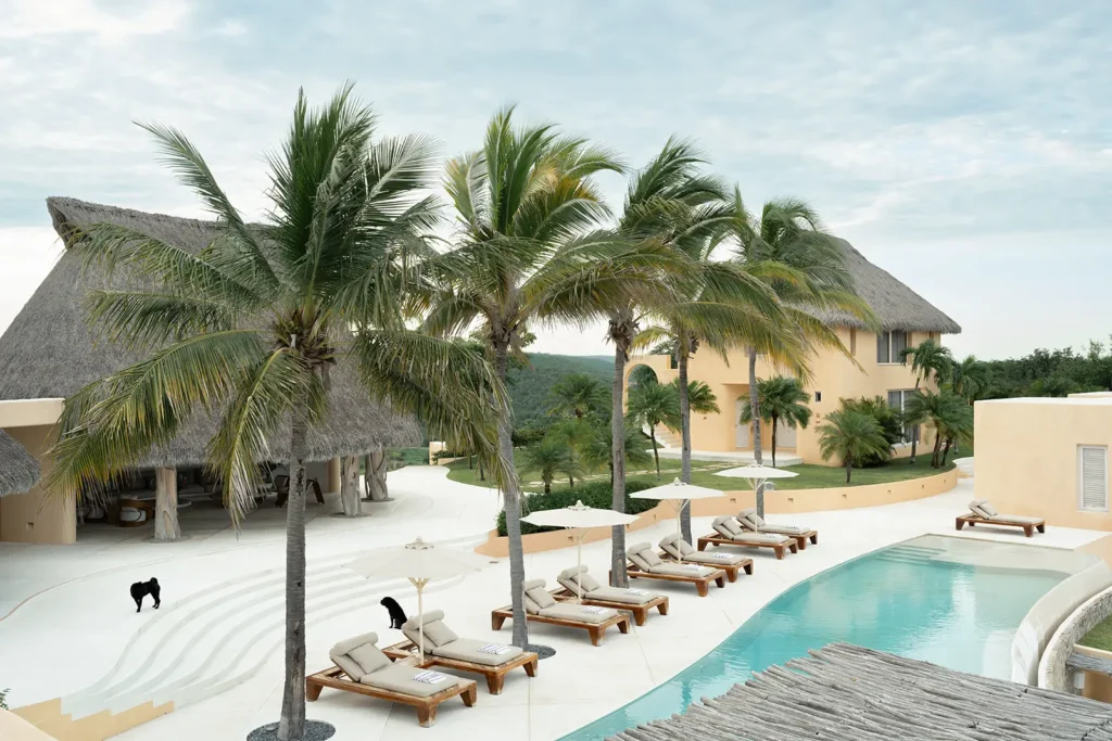Casa Roma in Costra Careyes, Jalisco: pool area with lounge chairs, palm trees, and two black dogs by the water.