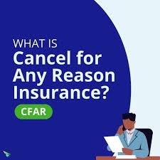 Graphic with "Cancel for Any Reason Insurance (CFAR)" text—perfect for Mexico travel insurance seekers. Blue background, person at desk.