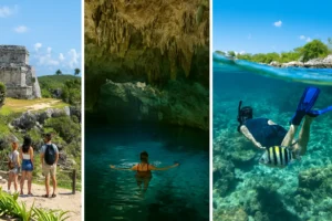 Combined view of Tulum Mayan ruins, sacred cenote, and Yalkú Lagoon