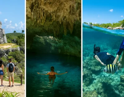 Vista combinada de las ruinas mayas de Tulum, un cenote sagrado y la Laguna Yalkú