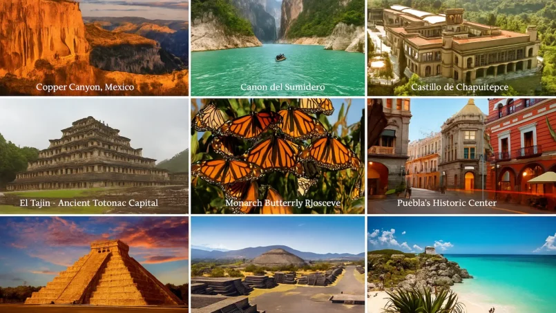 Collage of famous man-made tourist attractions in Mexico including Chichen Itza, Tulum Ruins, Teotihuacan, El Tajín, Chapultepec Castle, and more
