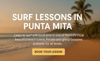Punta Mita beach banner promoting surf lessons with palm trees and ocean at sunset
