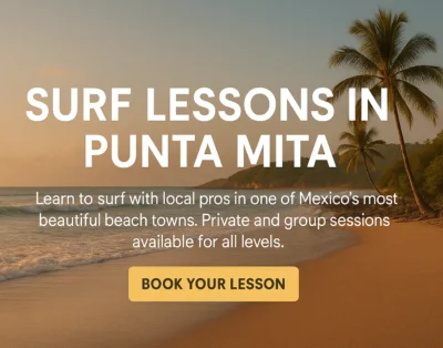 Santuario Yelapa Mexico Wellness & Yoga Retreat destacado en una playa al atardecer; se ofrecen clases de surf en Punta Mita.
